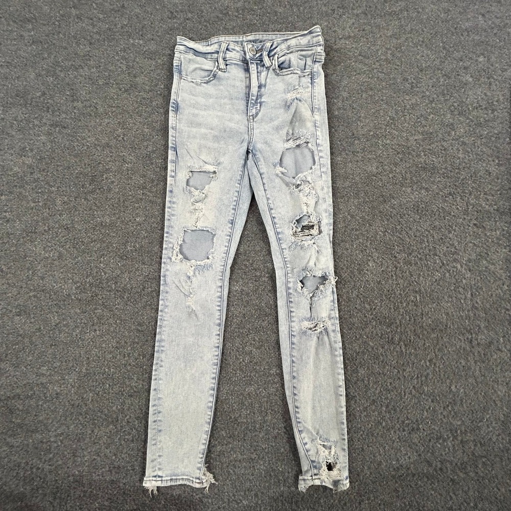 American Eagle Jeans Womens Size 6 Blue Distressed Skinny Stretch Frayed Hem